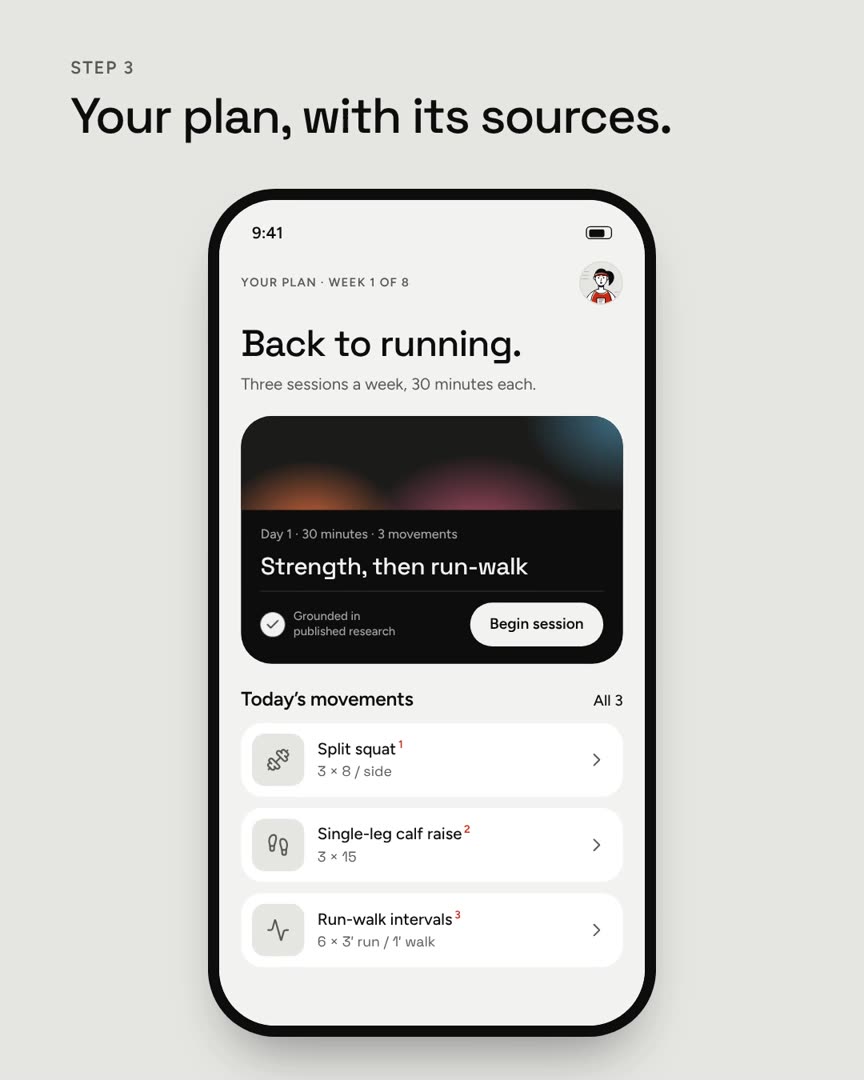 The app showing a finished plan, Back to running, with three exercises and the studies behind them.