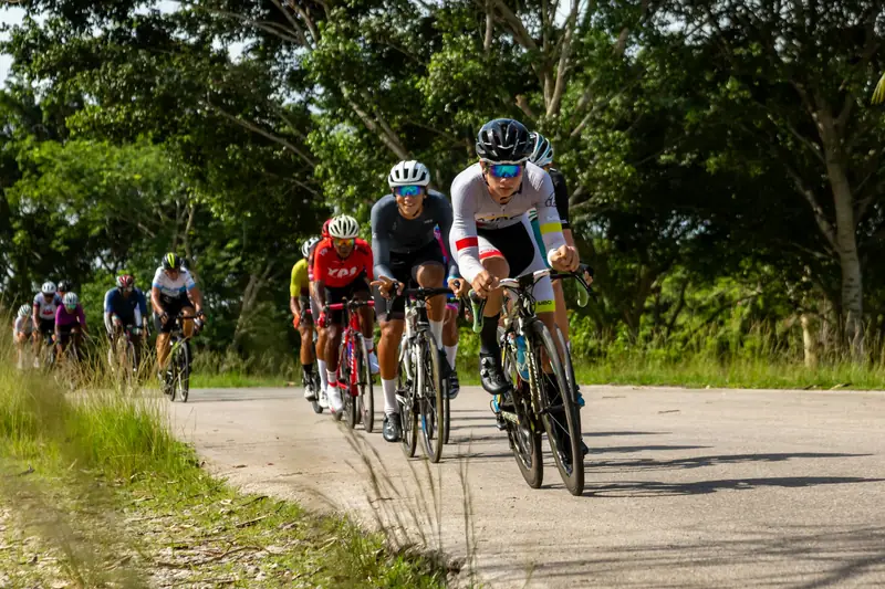 A group of road cyclists riding in a line through a bend on a sunny road