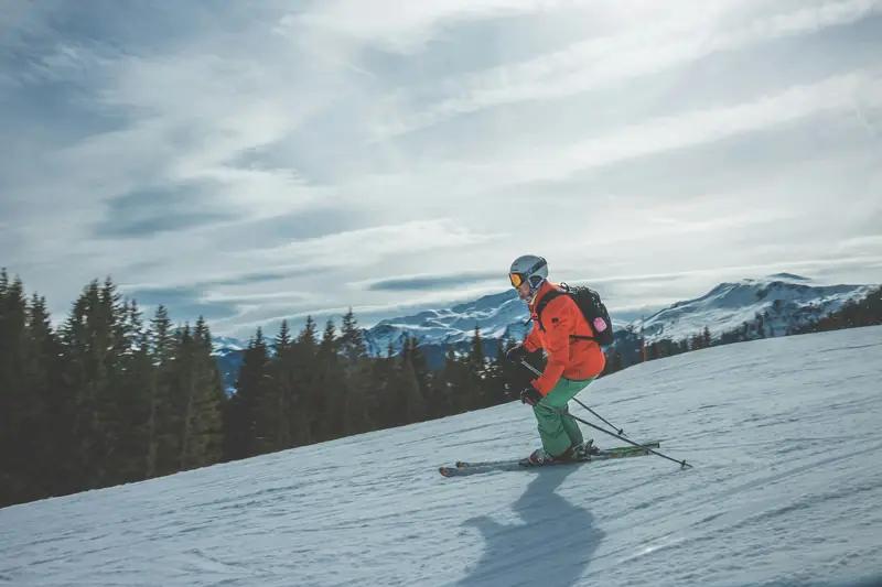 A skier in a balanced stance on a wide piste, forest and mountains behind